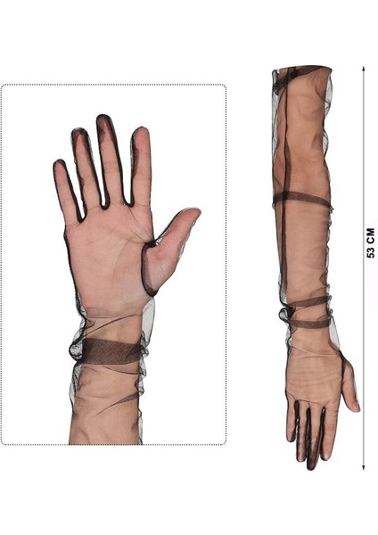 Uzun Boy Likralı Siyah Renk Yetişkin Mega Tül Eldiven 53 cm modelleri