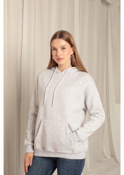 Üç Iplik Kanguru Cep Kapüşonlu Kadın Sweat-Açık Gri modelleri