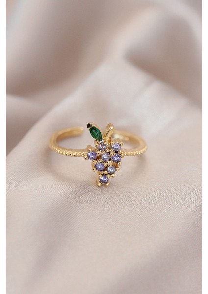 Ayarlamalı Altın Renk Metal Renkli Zirkon Taşlı Üzüm Yüzük - Lisinya