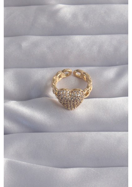 Pirinç Ayarlamalı Gold Renk Zirkon Taşlı Bombeli Kalp Yüzük fiyatları
