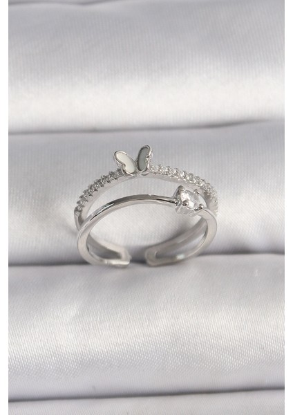 Pirinç Gümüş Renk Zirkon Taşlı Kelebek Figürlü Ayarlanabilir Yüzük