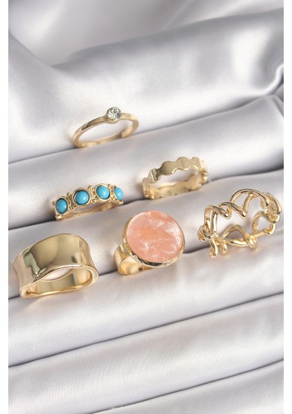 Pirinç Gold Renk Daire Pembe Mineli Zirkon Taş Detaylı 6'lı Kadın Yüzük Seti