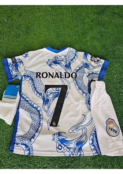 Ronaldo Cr7 Özel Konsept Beyaz/mavi Dragon Desenli Çocuk Forması 3 Lü Set