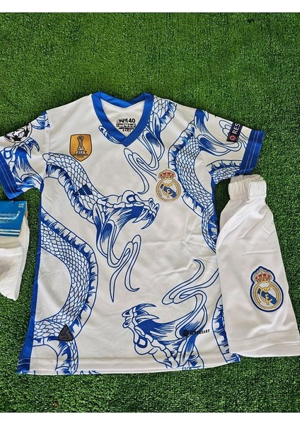 Ronaldo Cr7 Özel Konsept Beyaz/mavi Dragon Desenli Çocuk Forması 3 Lü Set modelleri