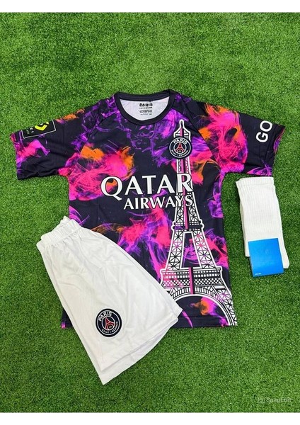Mbappe 7 P's'g 'paris-Saint-Germain-Fc' Eyfel Desenli Özel Tasarım Çocuk Futbol Forması 3'lü Takım