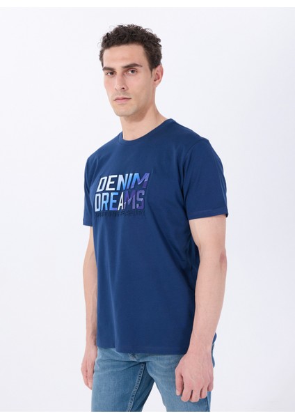 Bisiklet Yaka Baskılı Lacivert Erkek T-Shirt M5SM-TST1292