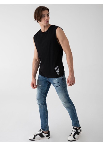 Erkek Yazı Baskılı Sıfır Yaka Kısa Kollu Regular Siyah Atlet