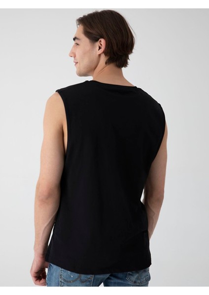 Erkek Yazı Baskılı Sıfır Yaka Kısa Kollu Regular Siyah Atlet modelleri