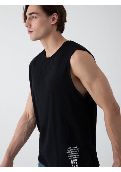 Erkek Yazı Baskılı Sıfır Yaka Kısa Kollu Regular Siyah Atlet fırsatları