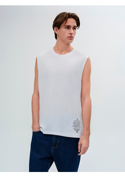 Erkek Yazı Baskılı Sıfır Yaka Kısa Kollu Regular Beyaz Atlet fiyatları