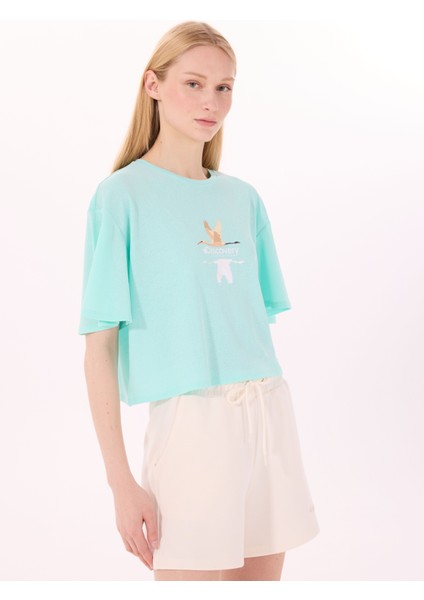 D5SL-TST3508 Mint Bisiklet Yaka Relaxed Baskılı Kadın T-Shirt