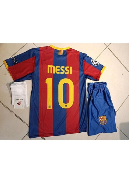 Barcelona Messi 10 Kırmızı Mavi Çocuk Forma 3 Lü Set. Forma+Şort+Çorap