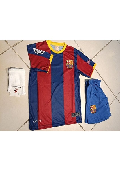 Barcelona Messi 10 Kırmızı Mavi Çocuk Forma 3 Lü Set. Forma+Şort+Çorap