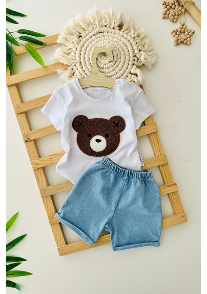 Ayıcık Panç Işlemeli Yumuşak Kotlu Unisex Bebe 2 li takım - Mavi