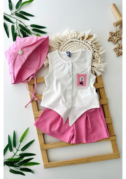 Güpür Yakalı Cep Çiçek Örgü Detaylı Pamuklu Kız Bebe 2 li şortlu takım - Pembe