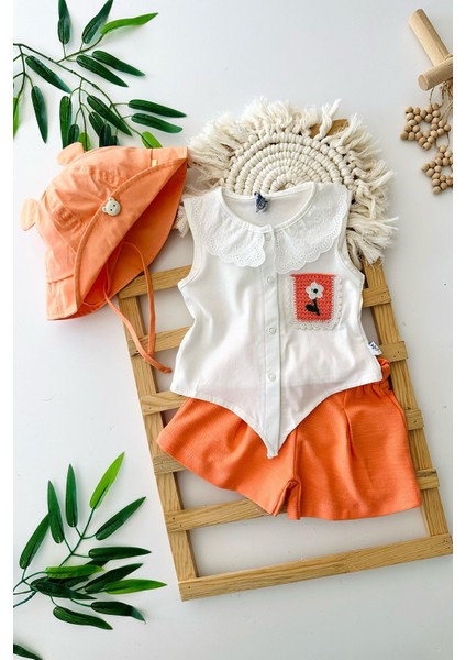 Güpür Yakalı Cep Çiçek Örgü Detaylı Pamuklu Kız Bebe 2 li şortlu takım - Turuncu
