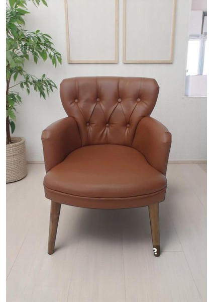 Tekli Taba Tarçın Renk Deri Ahşap Ayaklı Ofis Koltuğu Büro Bekleme Koltuğu Sandalye Berjer