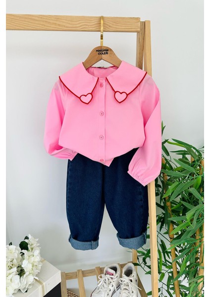 Kalp Işleme Detaylı Kot Pantolonlu Kız Çocuk 2 li takım - Pembe