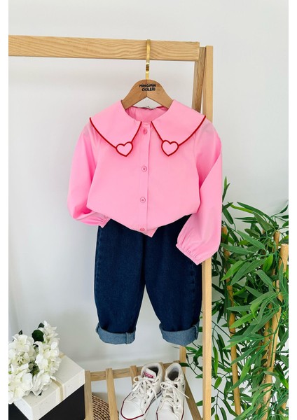 Kalp Işleme Detaylı Kot Pantolonlu Kız Çocuk 2 li takım - Pembe
