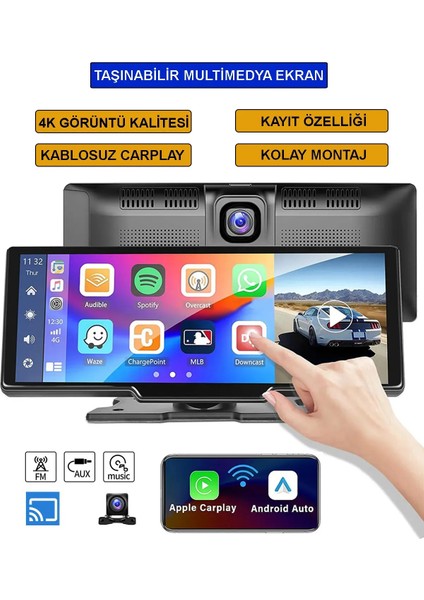 10.26 inç Araç Multimedya Oynatıcı 1600x600 Ekran Yansıtma Çift Kamera Android Auto & Apple Carplay 64GB Bluetooth