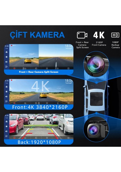 10.26 inç Araç Multimedya Oynatıcı 1600x600 Ekran Yansıtma Çift Kamera Android Auto & Apple Carplay 64GB Bluetooth