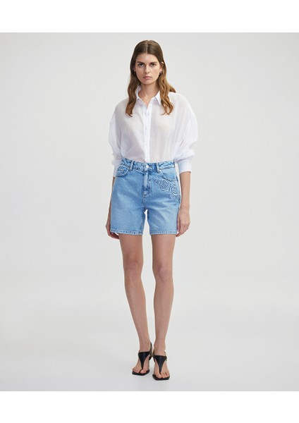 Çiçek Motifli Denim Şort IS1250013079CC2