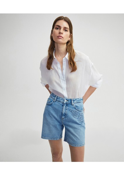 Çiçek Motifli Denim Şort IS1250013079CC2