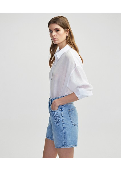 Çiçek Motifli Denim Şort IS1250013079CC2