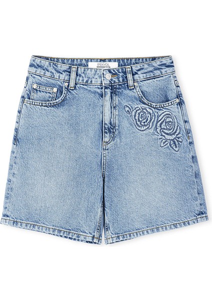 Çiçek Motifli Denim Şort IS1250013079CC2