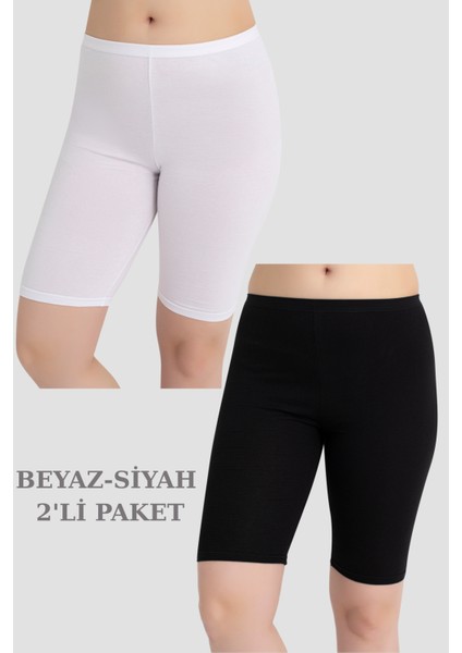 Kadın Pamuklu Diz Üstü Kısa Tayt 2'li Paket Beyaz - Siyah