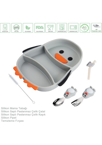 Vakumlu Silikon Mama Tabağı, Silikon Saplı Metal Uçlu Çatal ve Kaşık ( Penguen Figürlü )