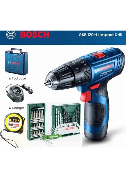 Gsb 120-LI 2 Ah Akülü Darbeli Delme Vidalama(Tek Akü), Bosch 41 Parça Uç ve Allen Takımı ve Metre