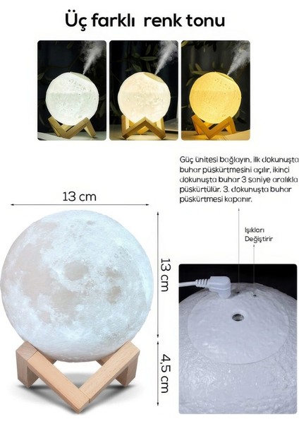 3D Renkli Ay Işığı Gece Lambası ve Hava Oda Nemlendirici Ultrasonik Buhar-Sessiz, Büyük Kapasiteli, Dekoratif Gece Lambası fiyatları