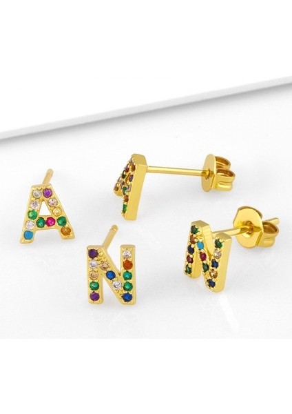 Aqqogib Küpe Sonrası Gökkuşağı Kübik Zirkonya Altın Kaplama 26 Mektup Ilk Küpe Kızlar Kadınlar Için (Yurt Dışından)
