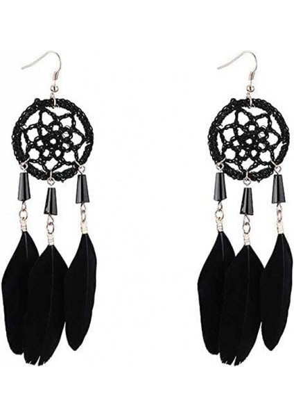 Aqqogib Kadın Düğme Sadelik Tüy Uzun El Örgüsü Püsküllü Retro Boho Dream Catcher Tasarım Renk: Siyah (Yurt Dışından)