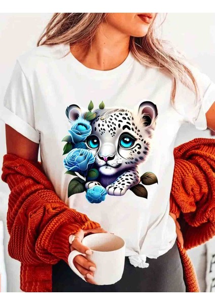 Beyaz Kaplan Baskılı Özel Tasarım Oversize Tshirt