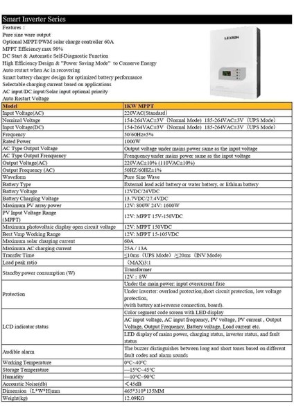 1 Kw 1000 Watt 12 Volt Mppt Akıllı Inverter