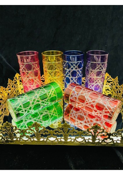 El Işi Renkli 6'lı Kristal Kesme Işlemeli Kahve Yanı Bardak Nihavent Seri