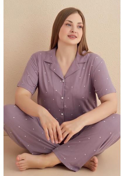 Kadın Büyük Beden Kısa Kol Lila Pijama Takımı 50501-288