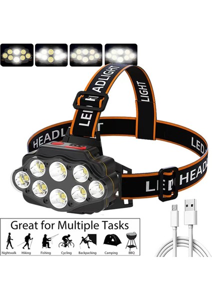 8 Led'li Süper Parlak Baş Lambası 4 Aydınlatma Modu Ayarlamalı Baş Bandı (Yurt Dışından)