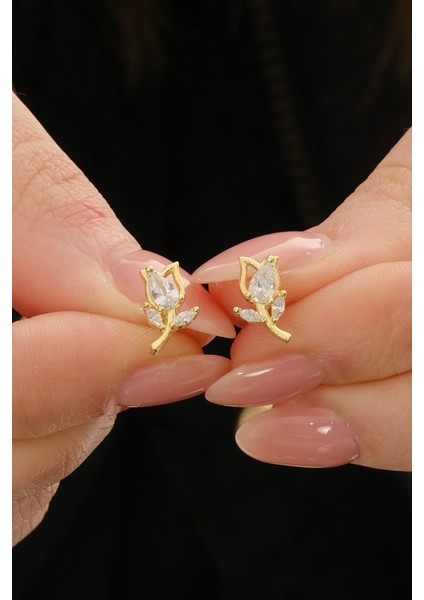 Gümüş Altın Yaldızlı Damla Kesim Zirkon Taşlı Lale Küpe SGTL12834GOLD