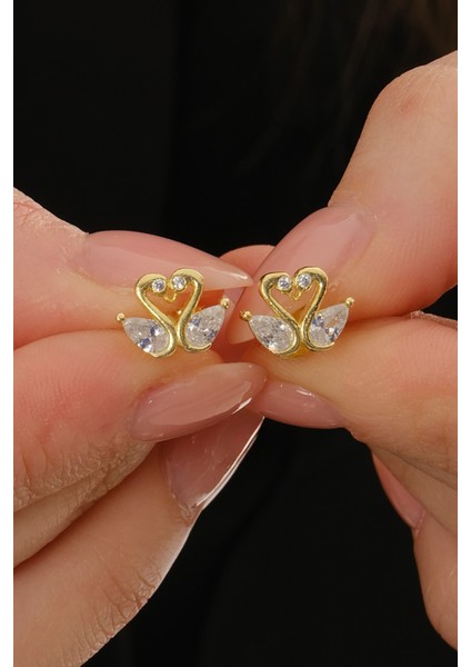 Gümüş Altın Yaldızlı Damla Kesim Zirkon Taşlı Aşık Kuğular Küpe SGTL12839GOLD