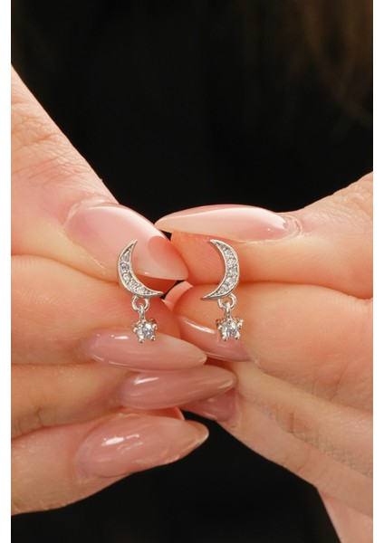 Gümüş Rodyumlu Zirkon Taşlı Sallantılı Ay Yıldız Küpe SGTL12831RODAJ