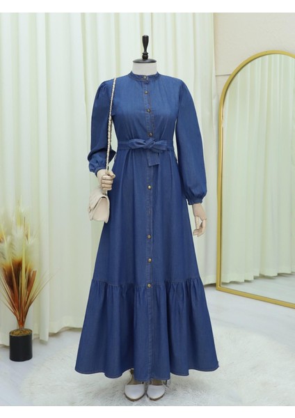 Boydan Düğmeli Eteği Fırfırlı Kot Elbise