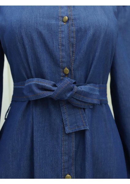 Boydan Düğmeli Eteği Fırfırlı Kot Elbise indirimleri