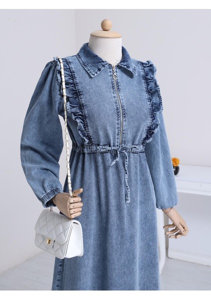 Robadan Fırfırlı Belden Büzgü Kot elbise fiyatları