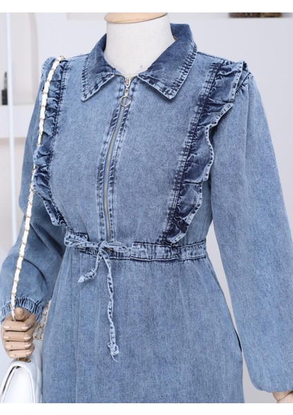 Robadan Fırfırlı Belden Büzgü Kot elbise modelleri