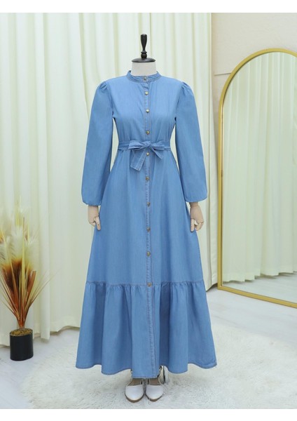 Boydan Düğmeli Eteği Fırfırlı Kot Elbise