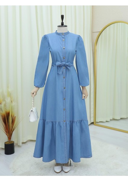 Boydan Düğmeli Eteği Fırfırlı Kot Elbise fiyatları