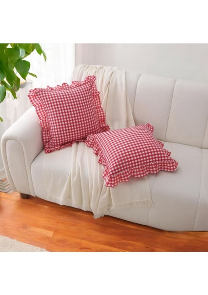 Kırmızı Beyaz Rengi Vintage Fırfırlı Pötikareli Pamuklu Kırlent Kılıfı Kareli Bohem Kırlent Kılıfı 43X43